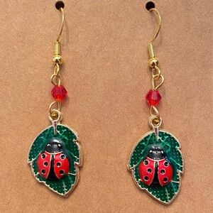 Ladybug Leaf Enamel Beaded Dangle Earrings